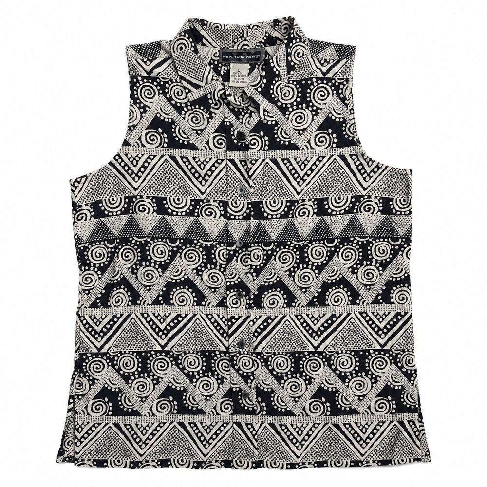 Vintage New York News 100% Silk Sleeveless Blouse L Black White Geometric Top